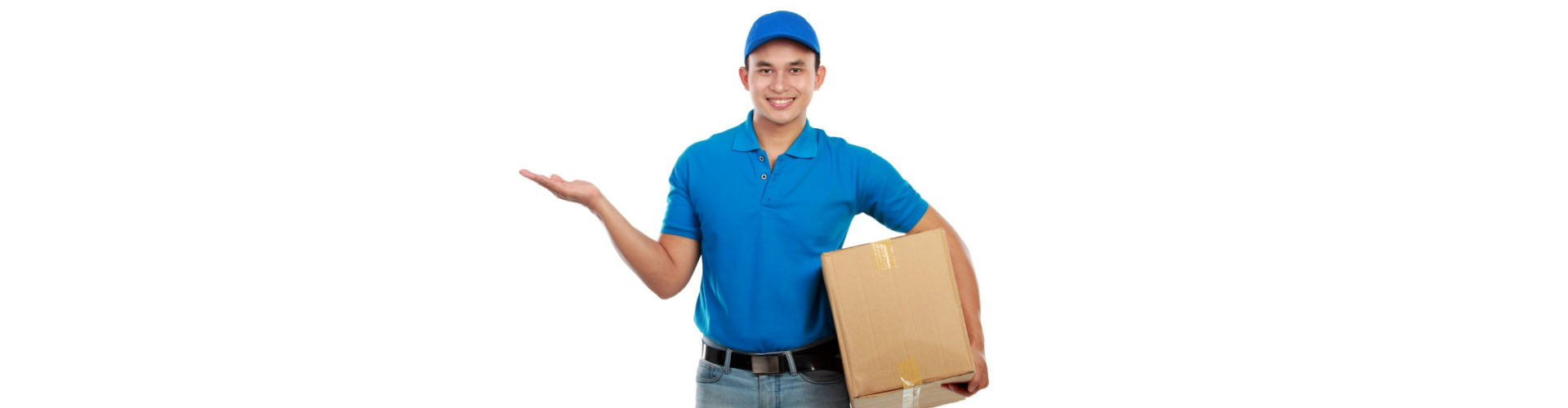 portrait of smiling delivery man of with package